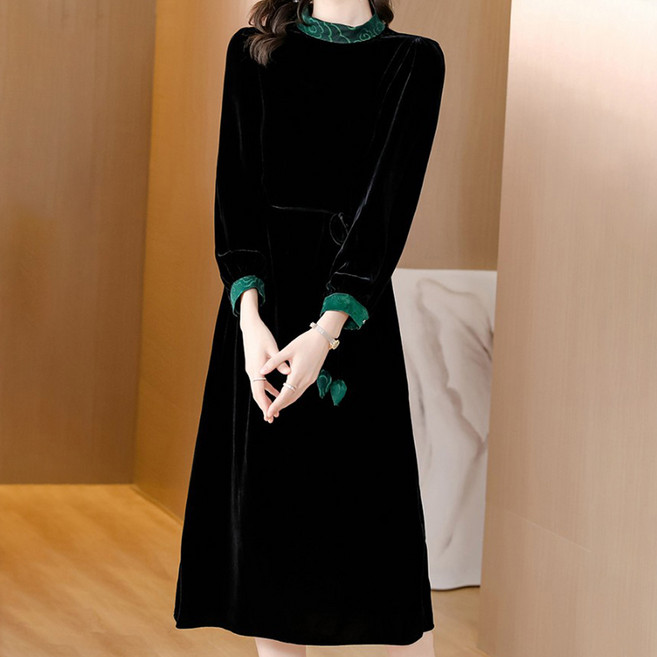 아뗄릭 여성용 배색 허리 스트링 벨벳 원피스 04912 빅사이즈 포함