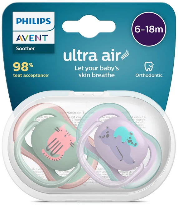 PHILIPS 飛利浦 AVENT 新安怡 Ultra Air 動物圖案安撫奶嘴, 6~18個月, 貓咪 + 無尾熊, 1組