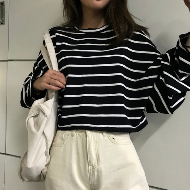 피어니스트 여성용 스트라이프 크롭 루즈핏 긴팔 티셔츠