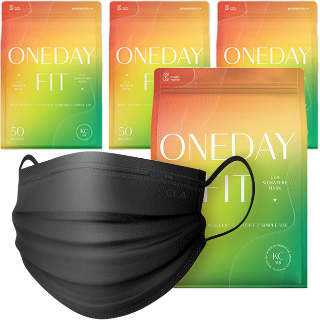CLA One Day Fit 輕量包裝 拋棄式彩色口罩 大型, 黑色, 4個, 50入