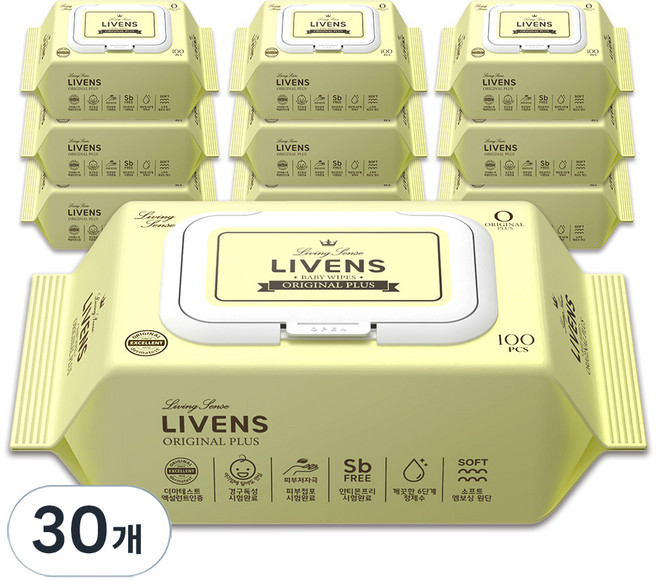 리벤스 오리지널 플러스 도톰한 저자극 아기물티슈 엠보싱 캡형, 55g, 100매, 30개