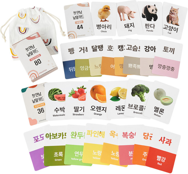 플레이맥스 첫만남 낱말카드 야채과일동물 80p + 보관가방 세트, 혼합색상, 1세트