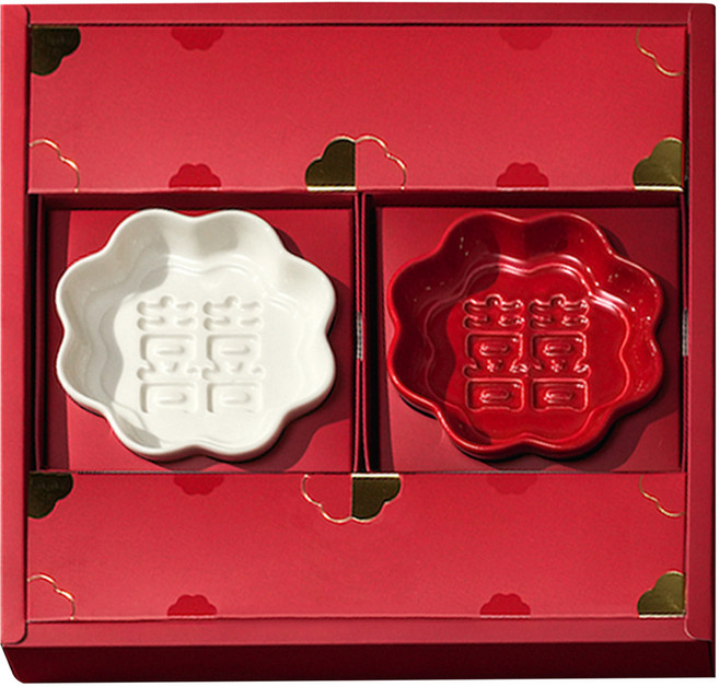 Mao's 樂陶陶 花見囍囍 顯影醬油碟禮盒組 28 x 28 x 3.5cm, 白囍 + 紅囍, 1組