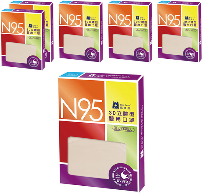 BLUE EAGLE 藍鷹牌 成人N95立體型醫用口罩, 多色, 10片, 6盒