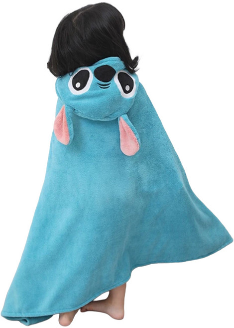 愛北鼻 兒童珊瑚絨連帽浴巾, 史迪奇 藍色, 1件