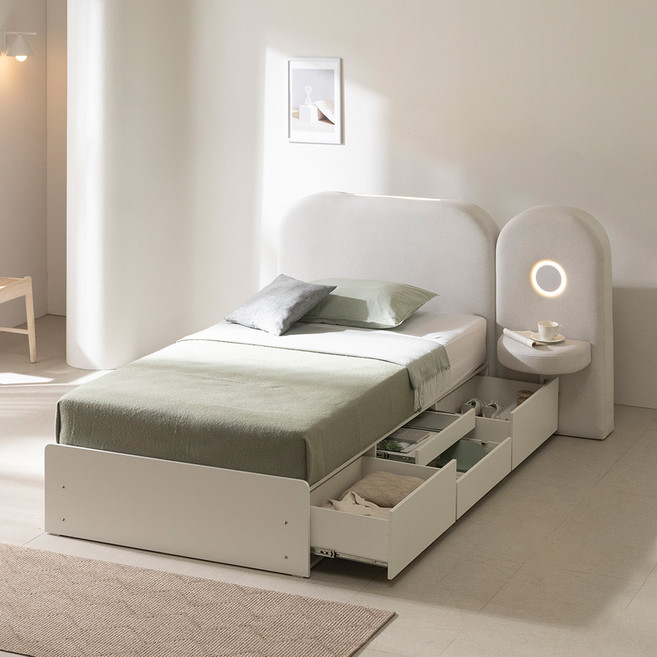 웰퍼니쳐 미라벨 LED 패브릭 라운드 호텔식 수납침대 + 사이드패널 방문설치, 아이보리