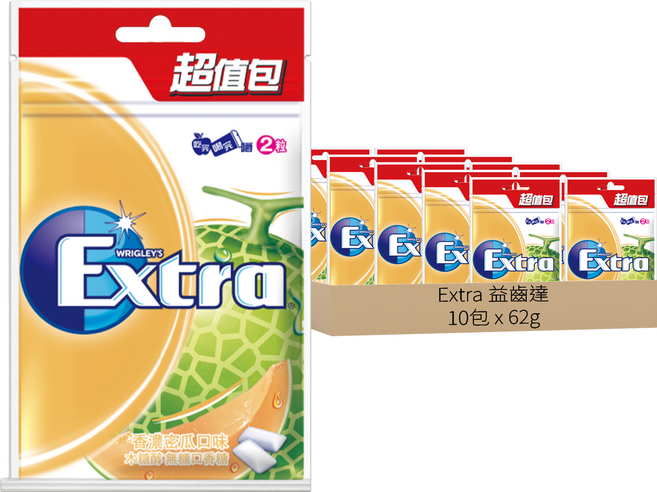 Extra 益齒達 潔淨無糖口香糖 香濃密瓜口味, 62g, 10包