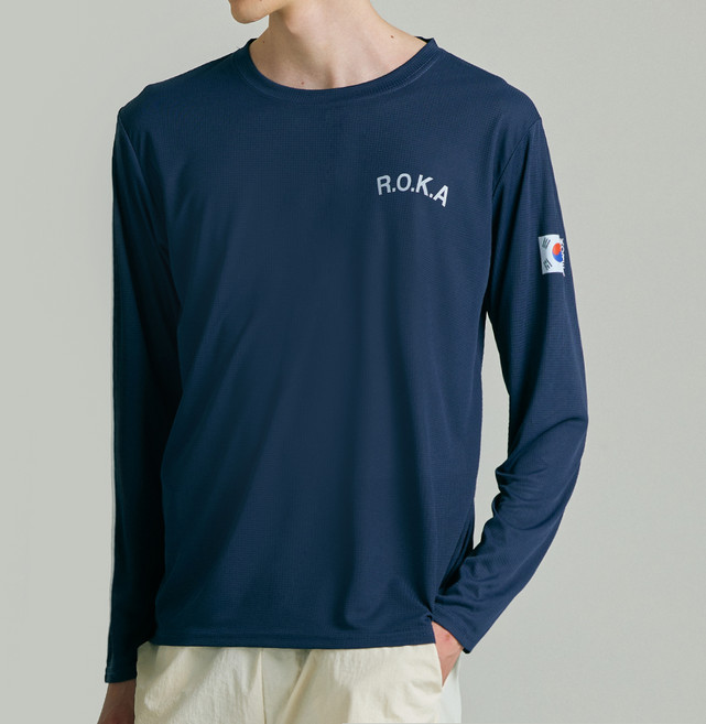TERAWOOD 男女通用 皺褶快乾ROKA圓領長袖T恤, 海軍藍