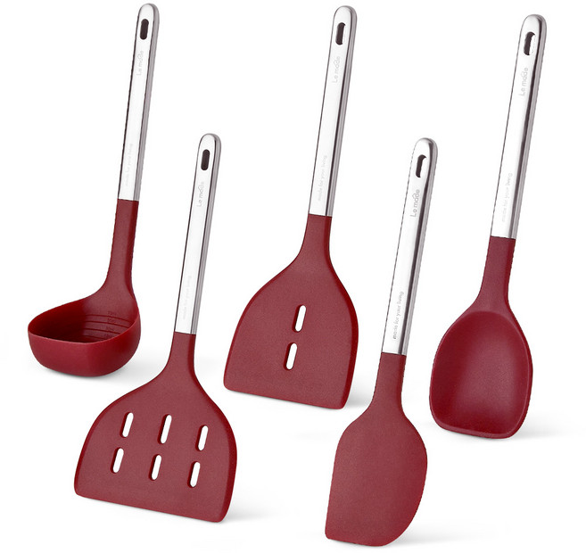 르메이드 에센셜 스텐 304 실리콘 조리도구 5종 세트, 국자 + 뒤집개 + 와이드 뒤집개 + 스파츌라 + 요리스푼, 블랙 체리, 1세트