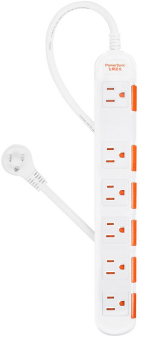 PowerSync 群加 1開6插加大間距安全防塵防雷擊延長線 TS6W9018, 1.8m, 白色, 1條