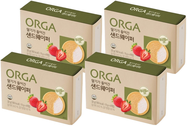 올가홀푸드 딸기가 들어간 샌드웨이퍼, 딸기맛, 32g, 4개
