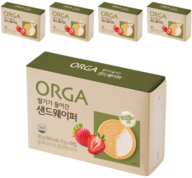 올가홀푸드 딸기가 들어간 샌드웨이퍼, 딸기맛, 32g, 5개