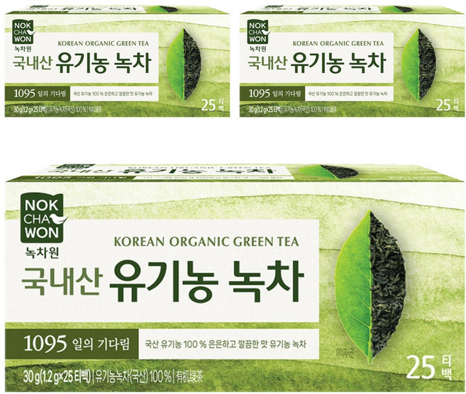 녹차원 국내산 유기농 순수녹차 티백, 1.2g, 25개입, 3개