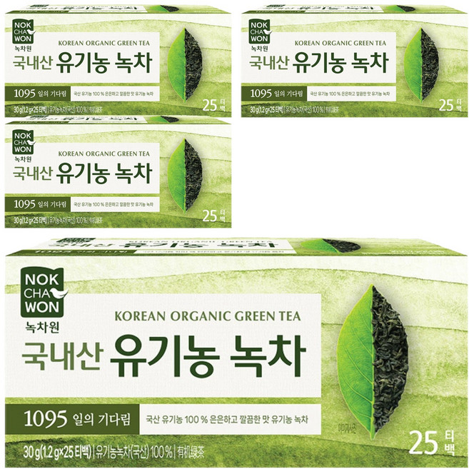녹차원 국내산 유기농 순수녹차 티백, 1.2g, 25개입, 4개