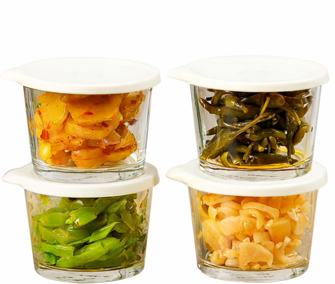 데일리픽 원형 샐러드 반찬 보관 유리 밀폐용기 크림 270ml, 4개, 단품