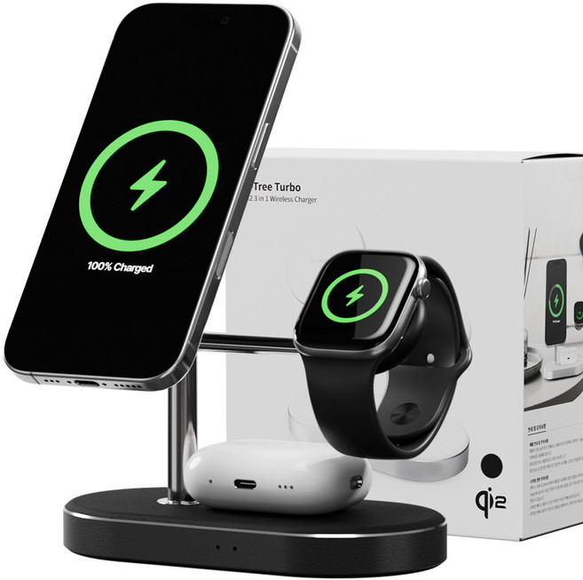 신지모루 Qi2 3in1 M-트리 터보 맥세이프 초고속 무선충전 아이폰 애플워치 거치대, 블랙, 1개