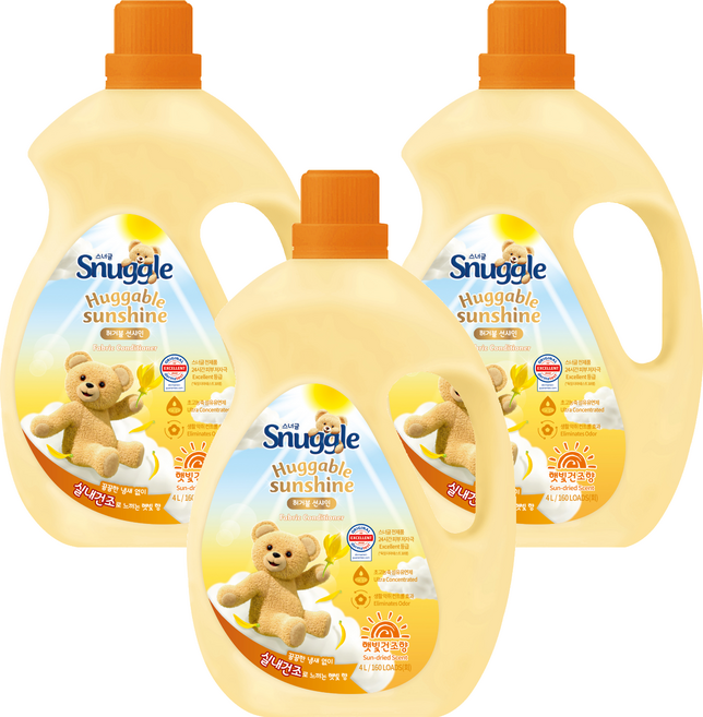 스너글 섬유유연제 햇빛건조향 허거블 선샤인 본품, 4L, 3개