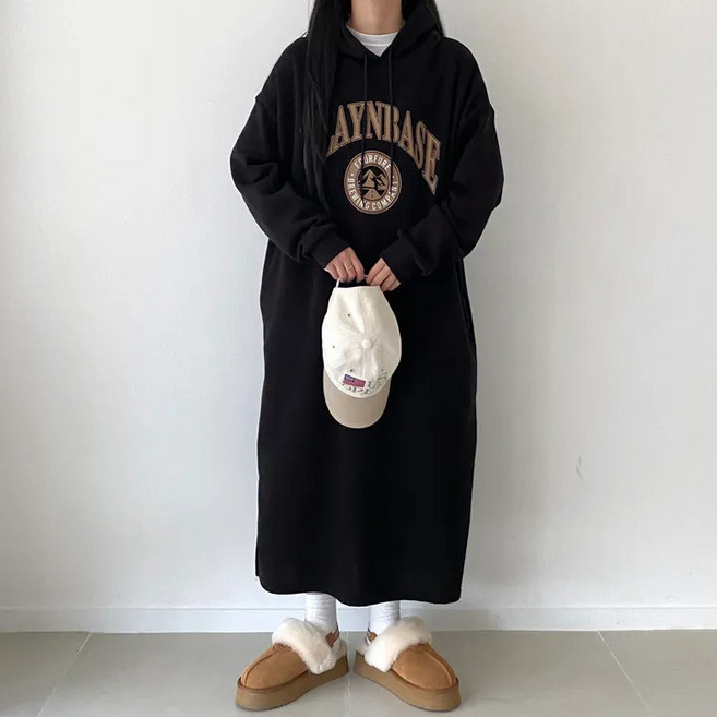 더플로우커머스 느슨한 임산부 기모 스웨터 후디 롱원피스