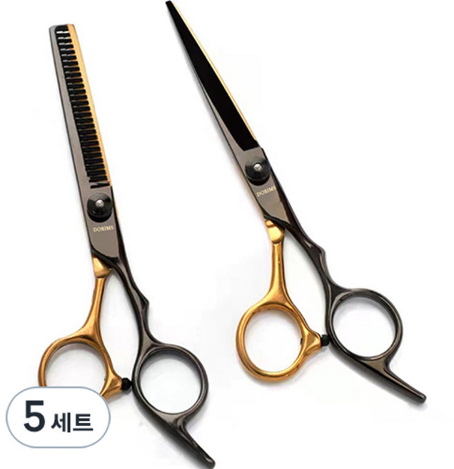 두림스 전문 고급 미용실 컷트 가정용 헤어 숱 가위 2종 세트, 블랙, 5개