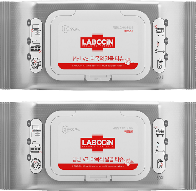 랩신 V3 다목적 알코올 티슈 캡형, 45g, 50개입, 2개