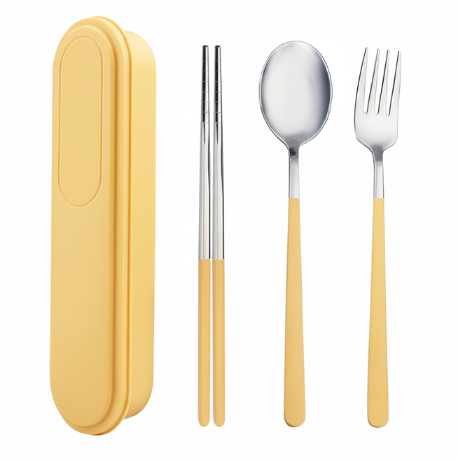 Cooksy 304不鏽鋼環保餐具/高溫耐受便攜式餐具 3件組 21.5 x 5.5 x 3cm, 1組, 叉 + 匙 + 筷, 黃色