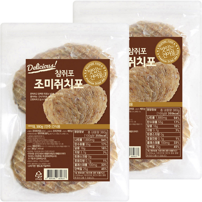 해맑은푸드 참쥐포, 380g (대), 2개