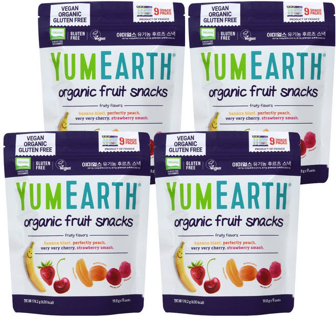 야미얼스 유기농 후르츠 스낵 젤리, 혼합맛(바나나/체리/복숭아/딸기), 178.2g, 4개