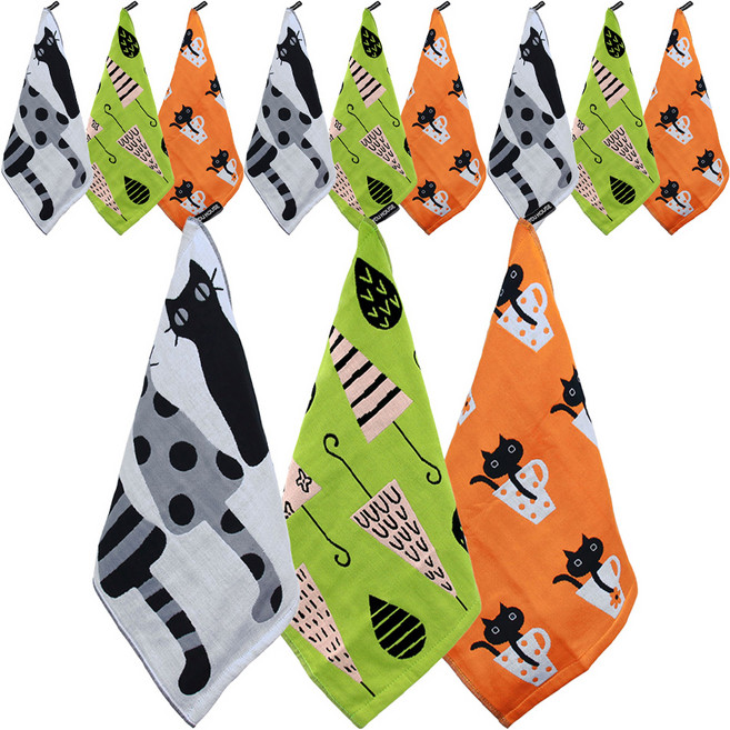 유하우스 북유럽풍 주방타올 3종 세트, 쓰리켓그레이 + 머그캣오렌지 + 빗방울그린, 4세트