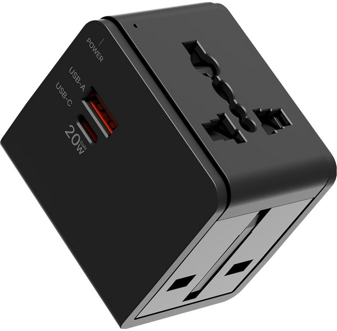 누아트 Gan PD 20W 고속충전 해외 여행용 멀티 어댑터 2포트 C타입 + USB 포트 블랙, 1개