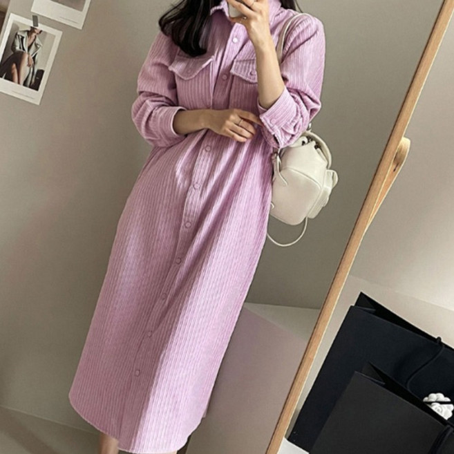 페이퍼먼츠 캐주얼 카라넥 투포켓 코듀로이 긴팔 셔츠 원피스 06046