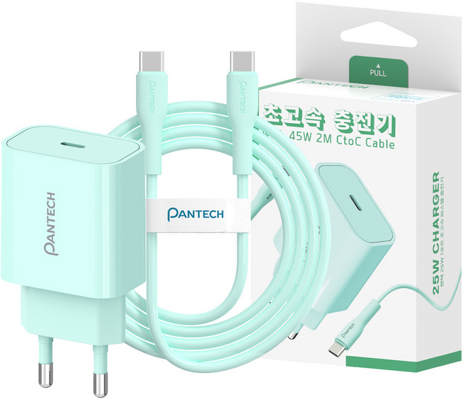 팬택 25W 1포트 파스텔 초고속충전기+ 45W 2m C to C 케이블 세트, 1세트, 민트