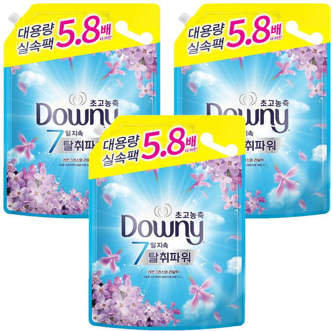 다우니 탈취파워 고농축 섬유유연제 레몬그라스와 라일락 리필, 4.1L, 3개