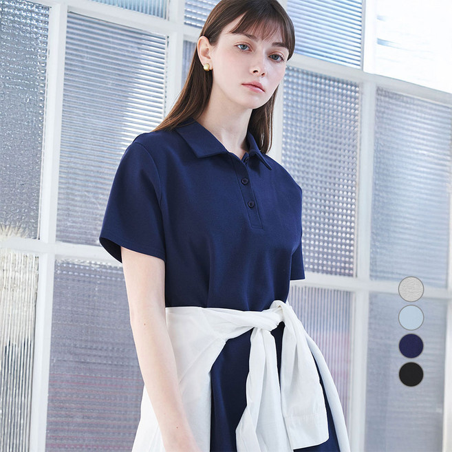 ELLE PARIS 여성용 버튼 카라 미디 피케 원피스