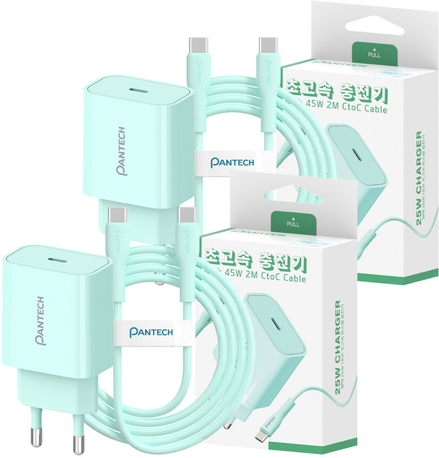 팬택 1포트 파스텔 초고속 충전기 25w + C to C 케이블 45w 2m 세트, 2세트, 민트