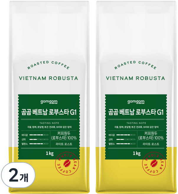 곰곰 베트남 로부스타 G1, 홀빈(분쇄안함), 1kg, 2개