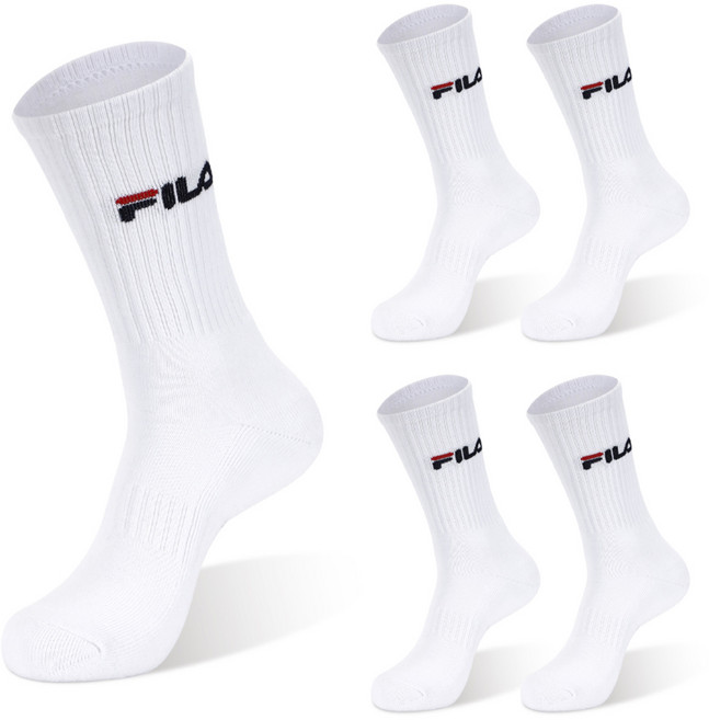 휠라 시그니처 더블 쿠션 크루 스포츠 양말 5켤레, 화이트, 1세트