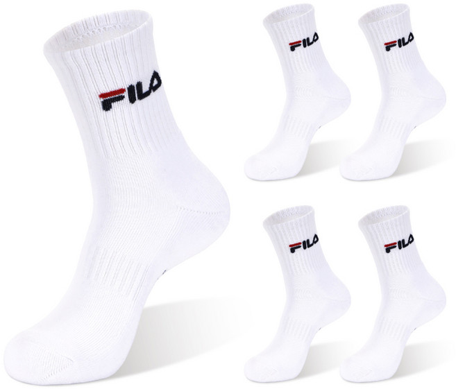 휠라 시그니처 더블 쿠션 미드 양말 5켤레, 화이트, 1세트