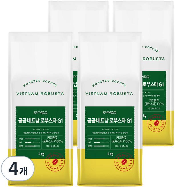 곰곰 베트남 로부스타 G1, 홀빈(분쇄안함), 1kg, 4개