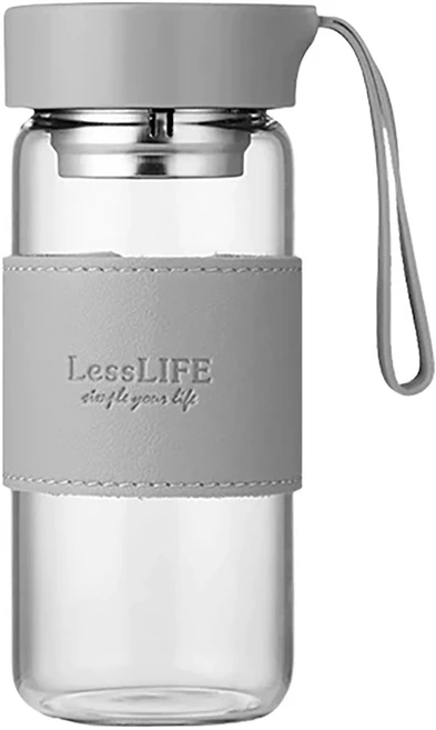 INS風玻璃水杯 手提皮套 帶茶隔濾網 防漏, 灰色, 480ml, 1個