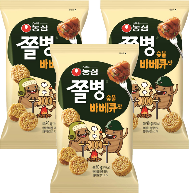 농심 쫄병스낵 숯불바베큐맛, 90g, 3개