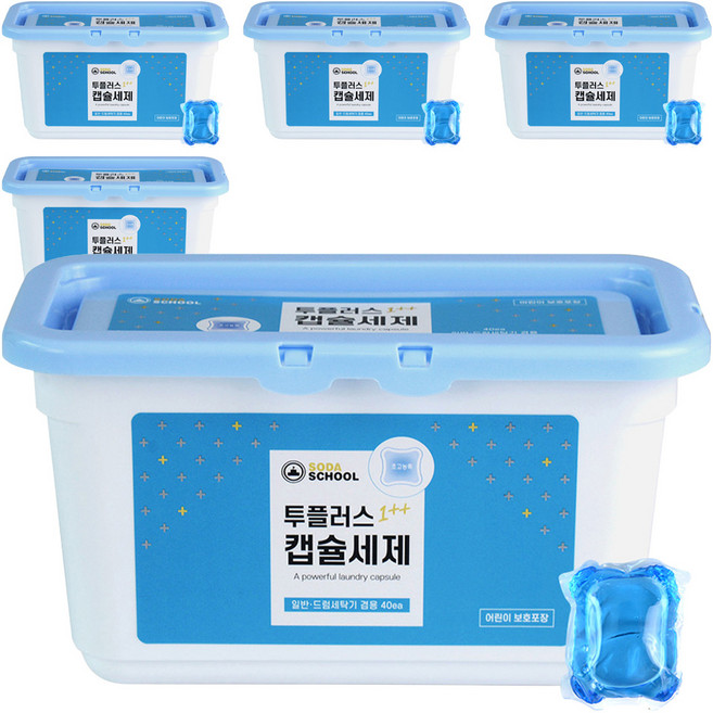 소다스쿨 투플러스 캡슐 세탁세제 프레시향, 40개입, 5개