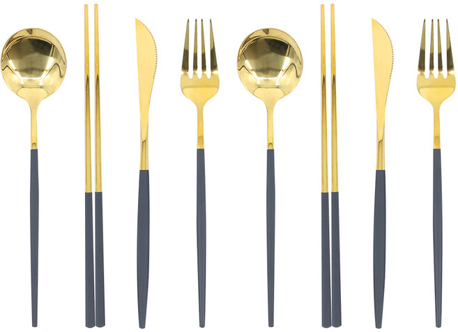 키볼리 모던 커트러리 4종 2인 세트, 골드 + 블랙, 숟가락 2p + 젓가락 2p + 나이프 2p + 포크 2p, 1세트