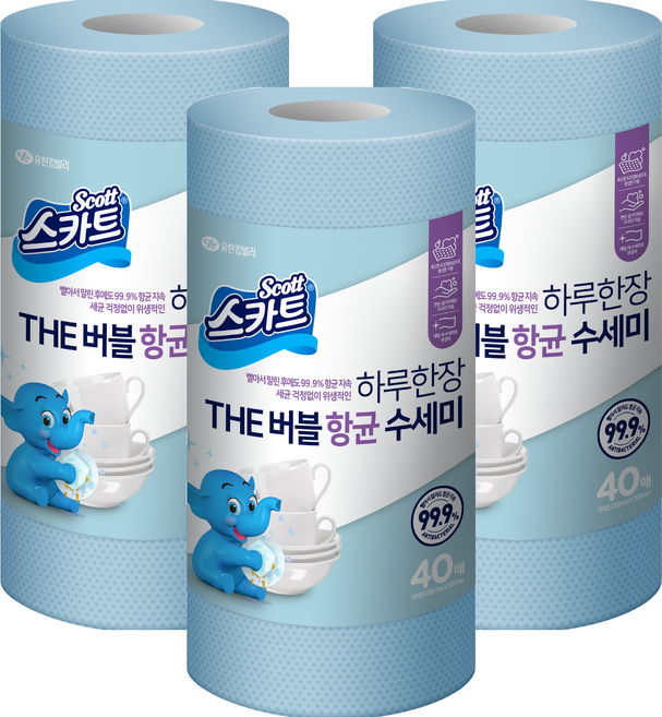 스카트 하루한장 THE 버블 항균 수세미, 스카이블루, 40개입, 3개