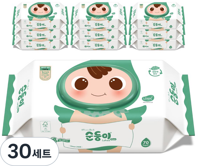 순둥이 로하스 물티슈 캡형 75평량, 75g, 70매, 30세트