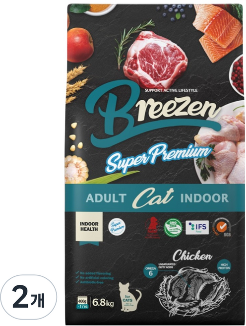 브리젠 어덜트 고양이 슈퍼프리미엄 인도어 사료, 닭, 6.8kg, 2개