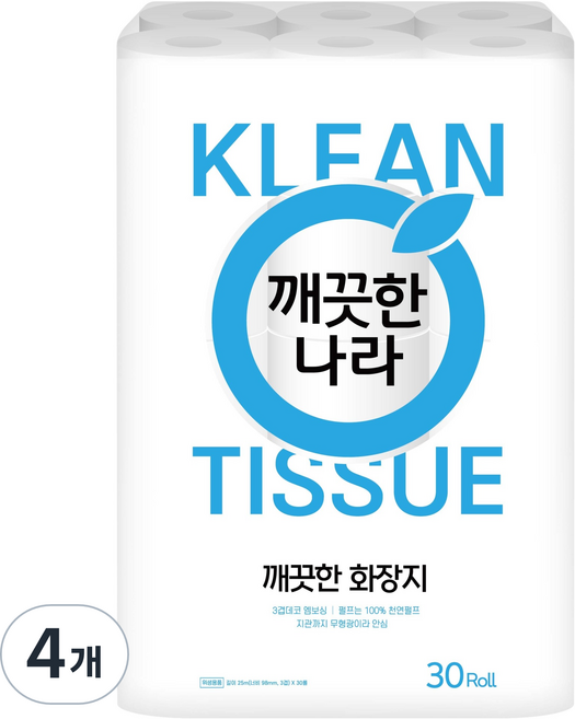 깨끗한나라 깨끗한 3겹 화장지, 4개, 30롤, 25m