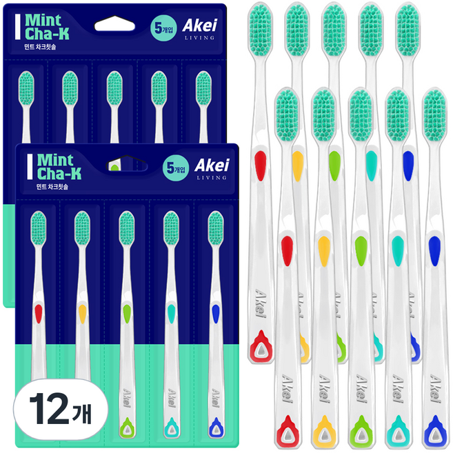 아케이 리빙 이중 미세모 민트 차크 칫솔 세트, 12개, 5개입