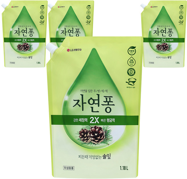 [비건라이프] 자연퐁 찌든때 걱정없는 솔잎 주방세제 파우치형, 1.18L, 4개