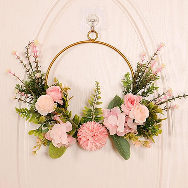 Sellerbible 人造花環 玄關門牆壁裝飾花 垂掛花飾 粉紅色, 粉色