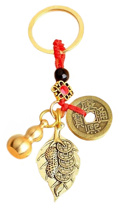 黃銅貔貅系列 開運吊飾3入組 B款 五帝錢 + 一葉錢 + 葫蘆, 金色, 2組